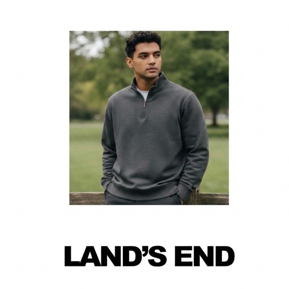 Lands End Sweater Pullover Mens 2XL Gray 1/4 Zip Knit Casual Adult Long Sleeve